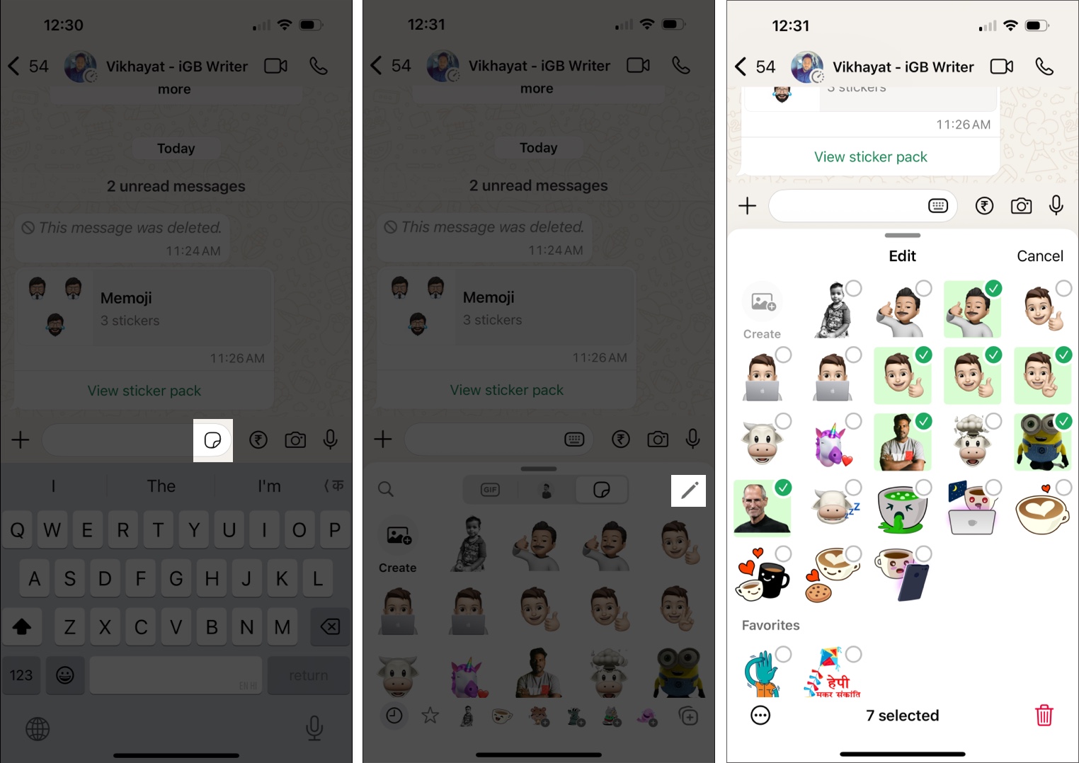 Etiketləri seçərək redaktə vasitəsi istifadə edərək WhatsApp-da xüsusi etiket paketi yaratmaq üçün addımlar