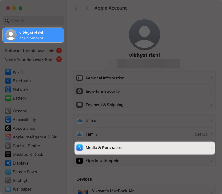 Accessing the Media  Purchases option in macOS System Settings