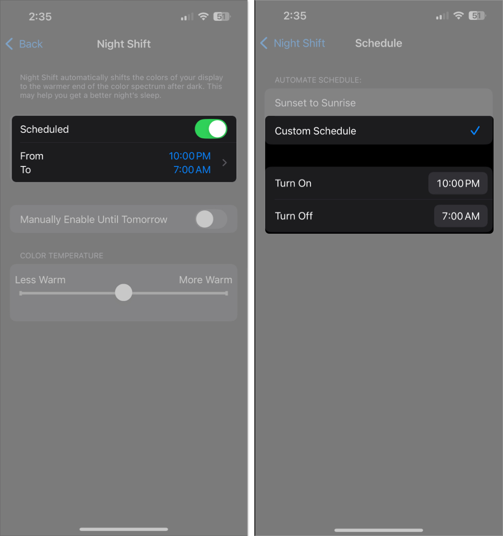 Custom schedule night shift mode on iPhone