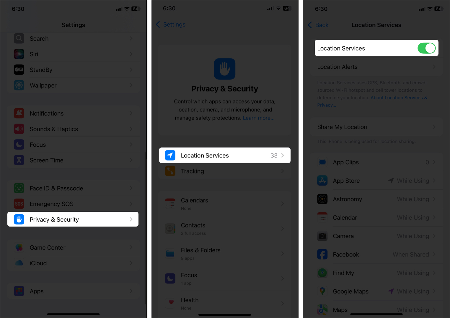 Inaktivera platstjänster i iPhone -inställningar
