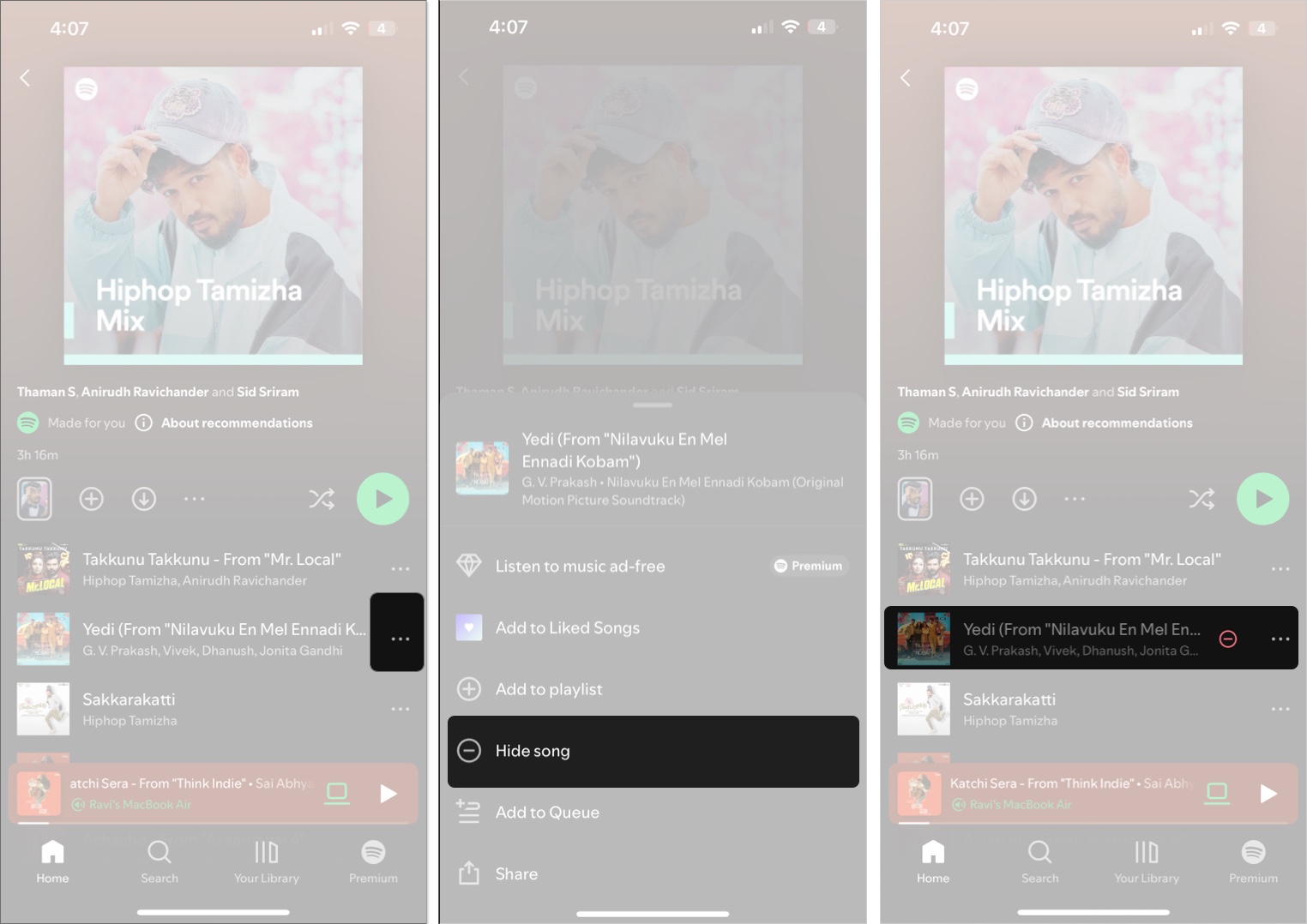 Hiding a song in a Spotify playlist on an iPhone.