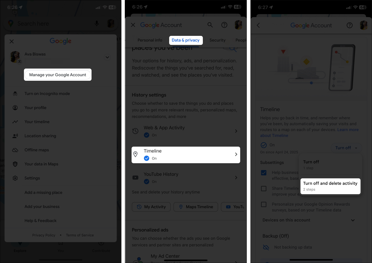 Hantera platshistorik från Google -kontoinställningarna