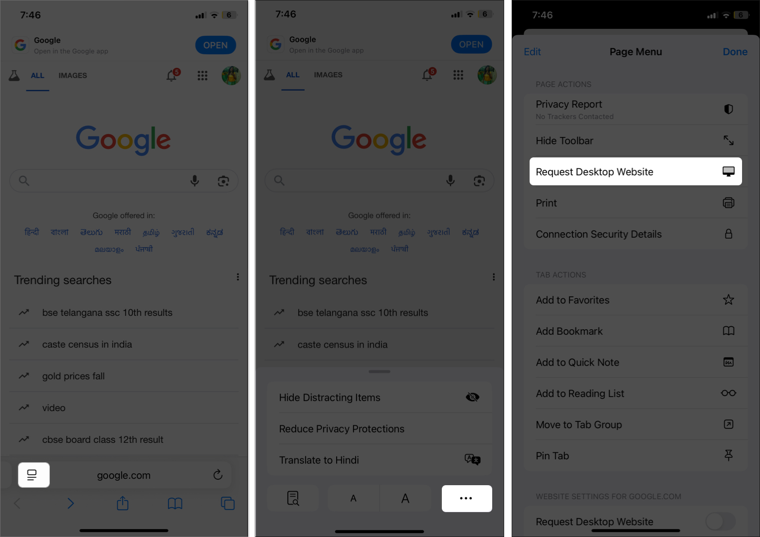 Open Google website in Safari in desktop website