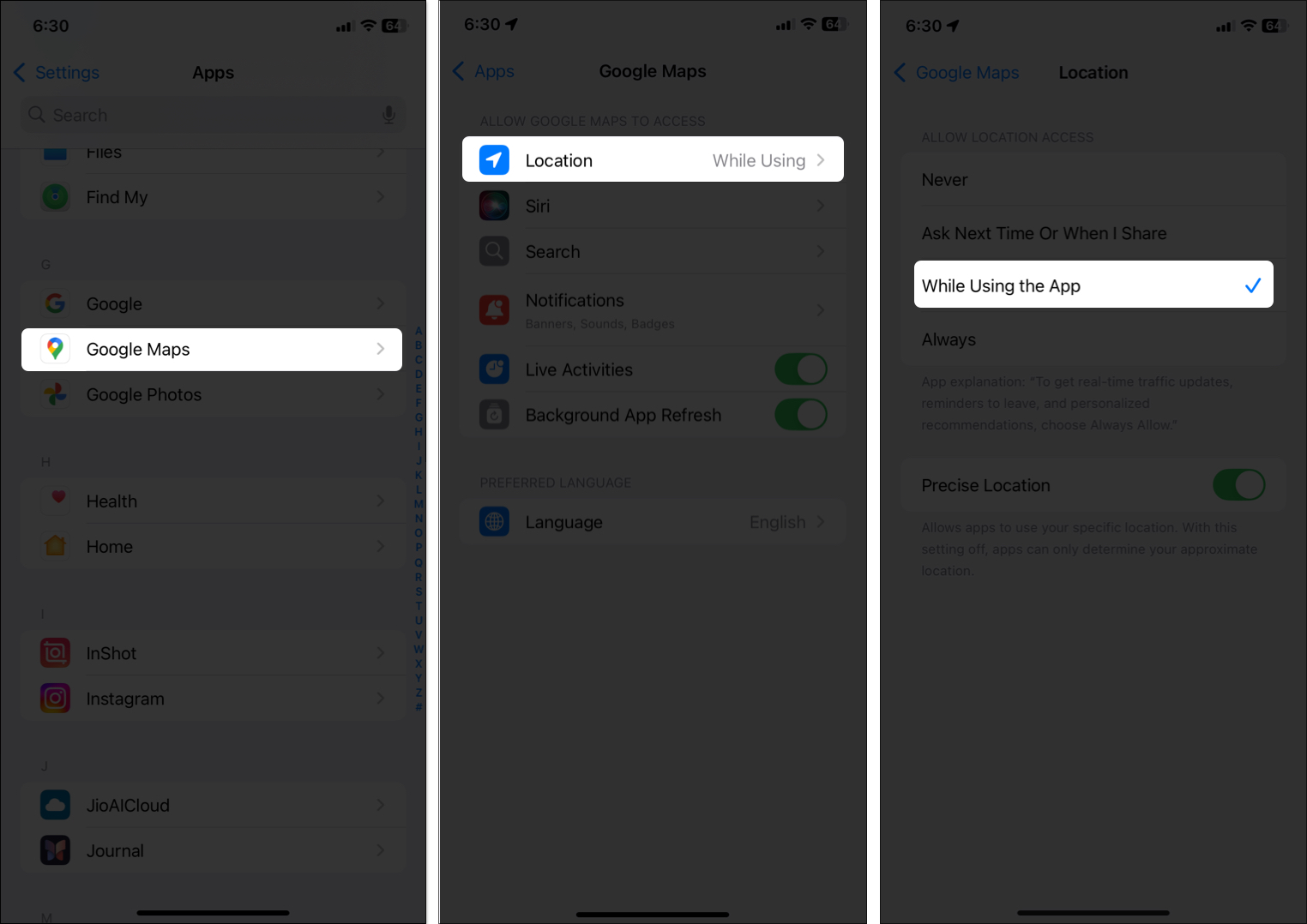 Begränsa Google Map till bakgrundsspårning från iPhone -inställningar