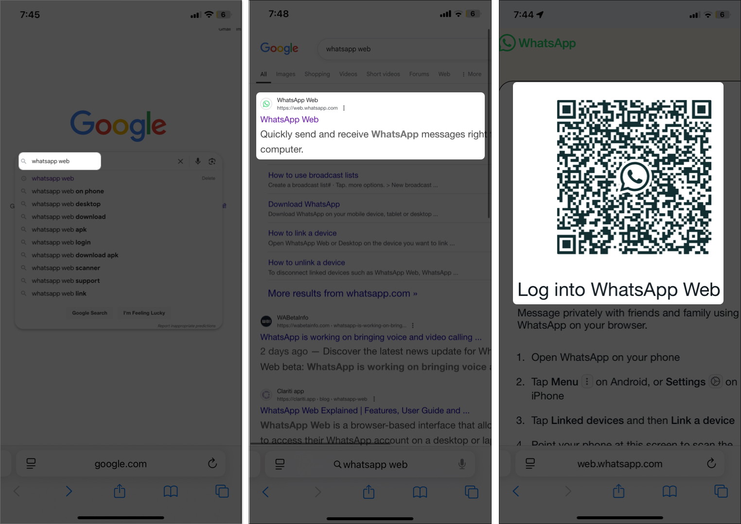 Search for WhatsApp Web and scan QR code to login WhatsApp Web