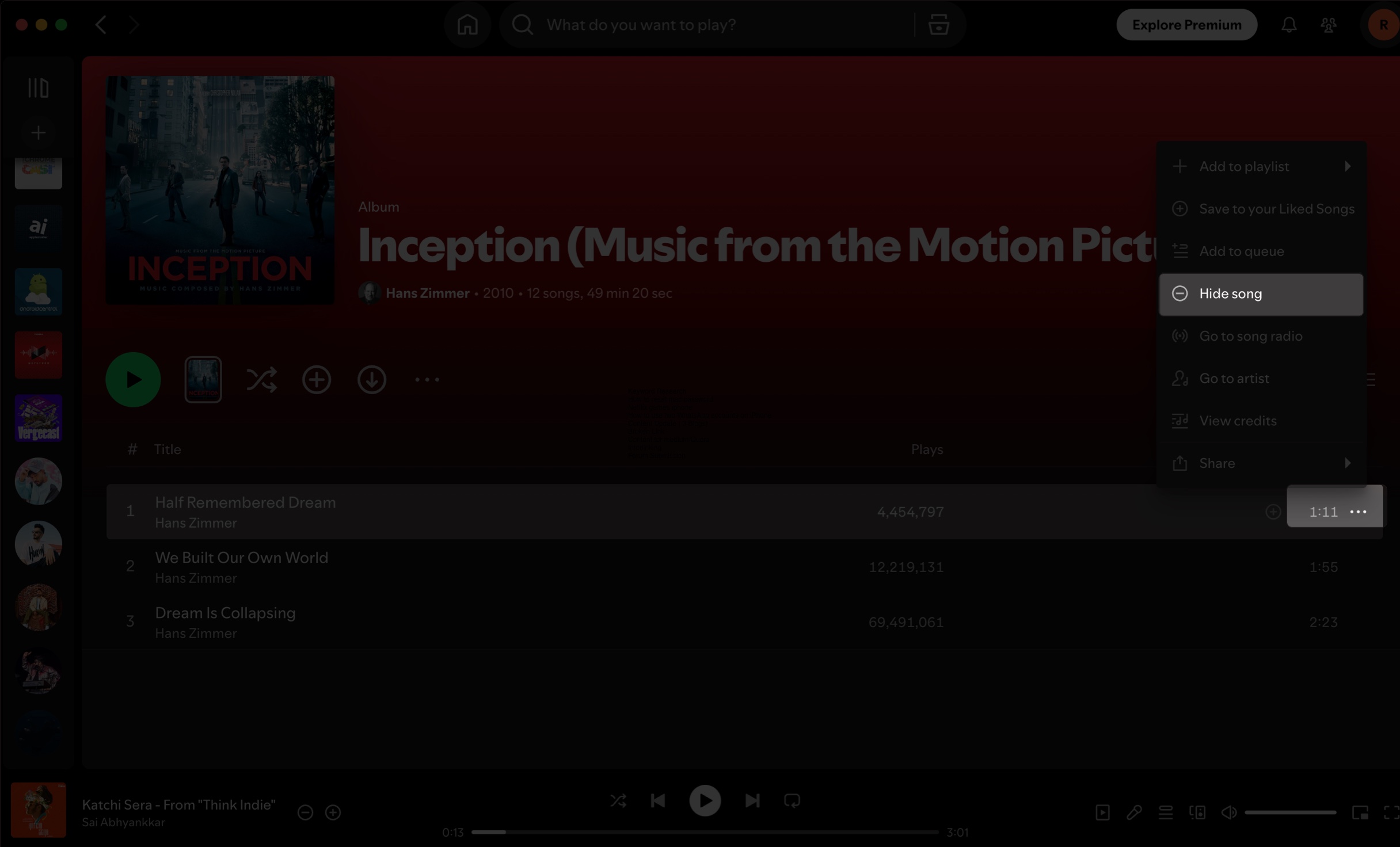 Hiding a song in a Spotify playlist on a Mac.