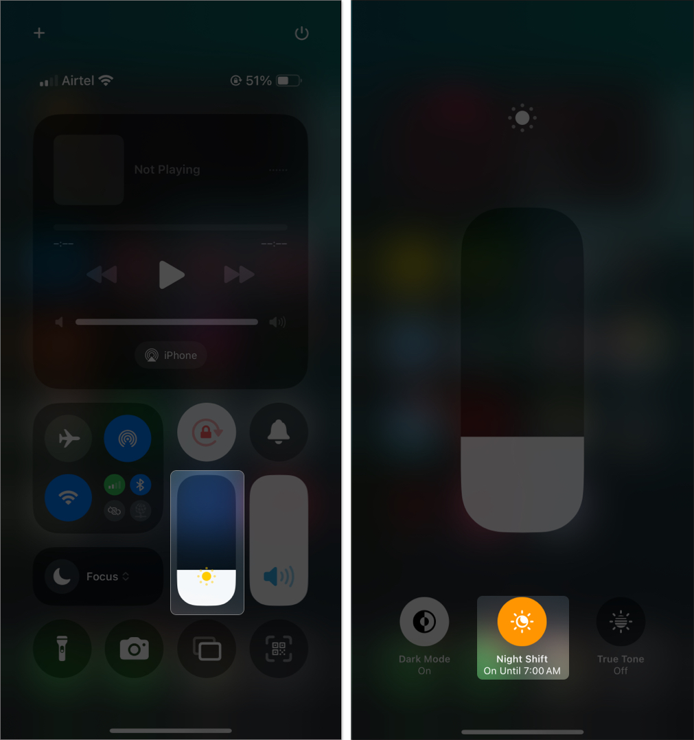 Toggle on night shift mode from control center on iPhone