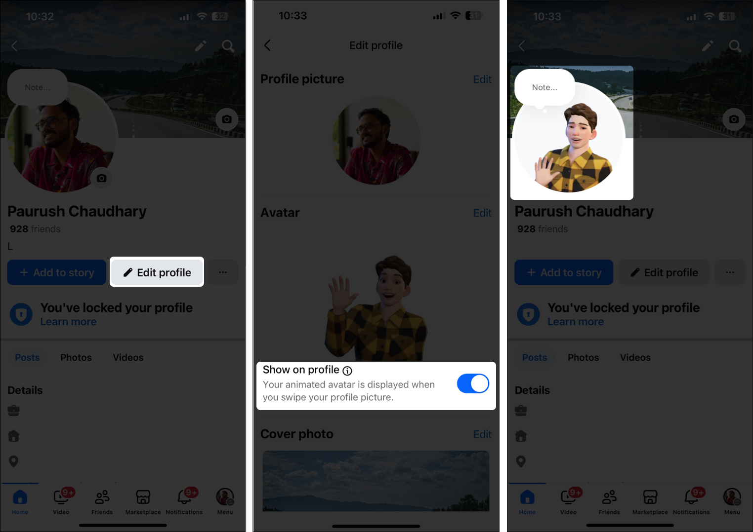 Profiilin vaihtoehdon käyttöönotto Avatar -ohjelmana profiilikuvana Facebookissa