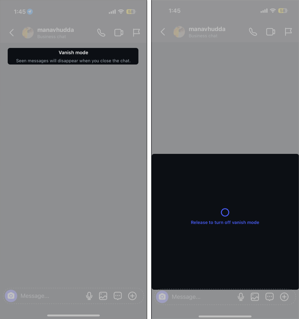 Turning off Vanish Mode for a conversation in the Instagram app on an iPhone