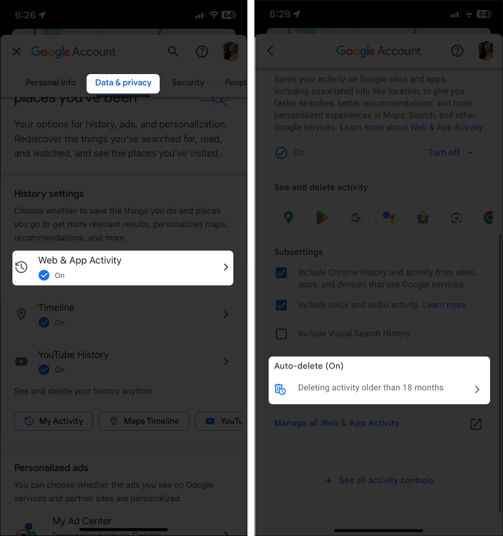 Slå på Auto Delete Web och App History på Google Map