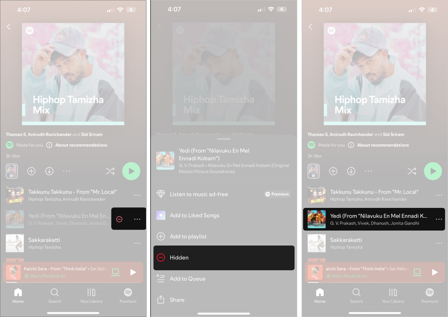 Unhiding a hidden song in Spotify on an iPhone.