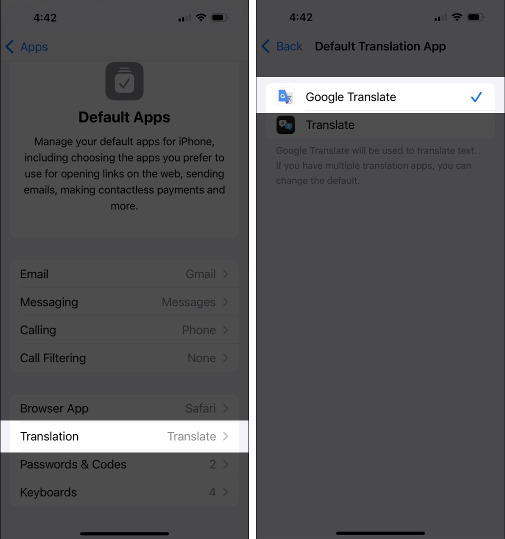 Tap Translation in Default Apps settings and choose Google Translate as default.