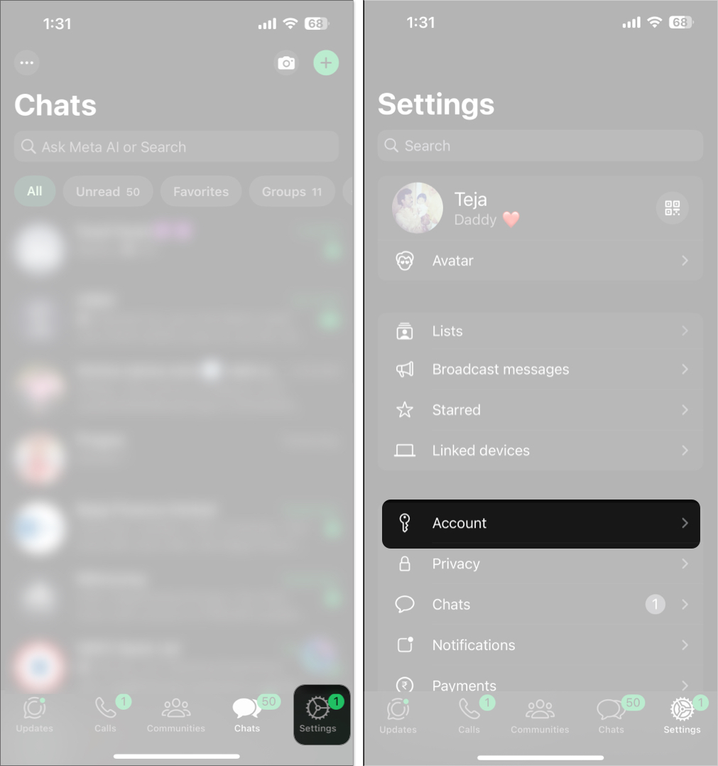 Accessing account settings in the WhatsApp app on an iPhone.