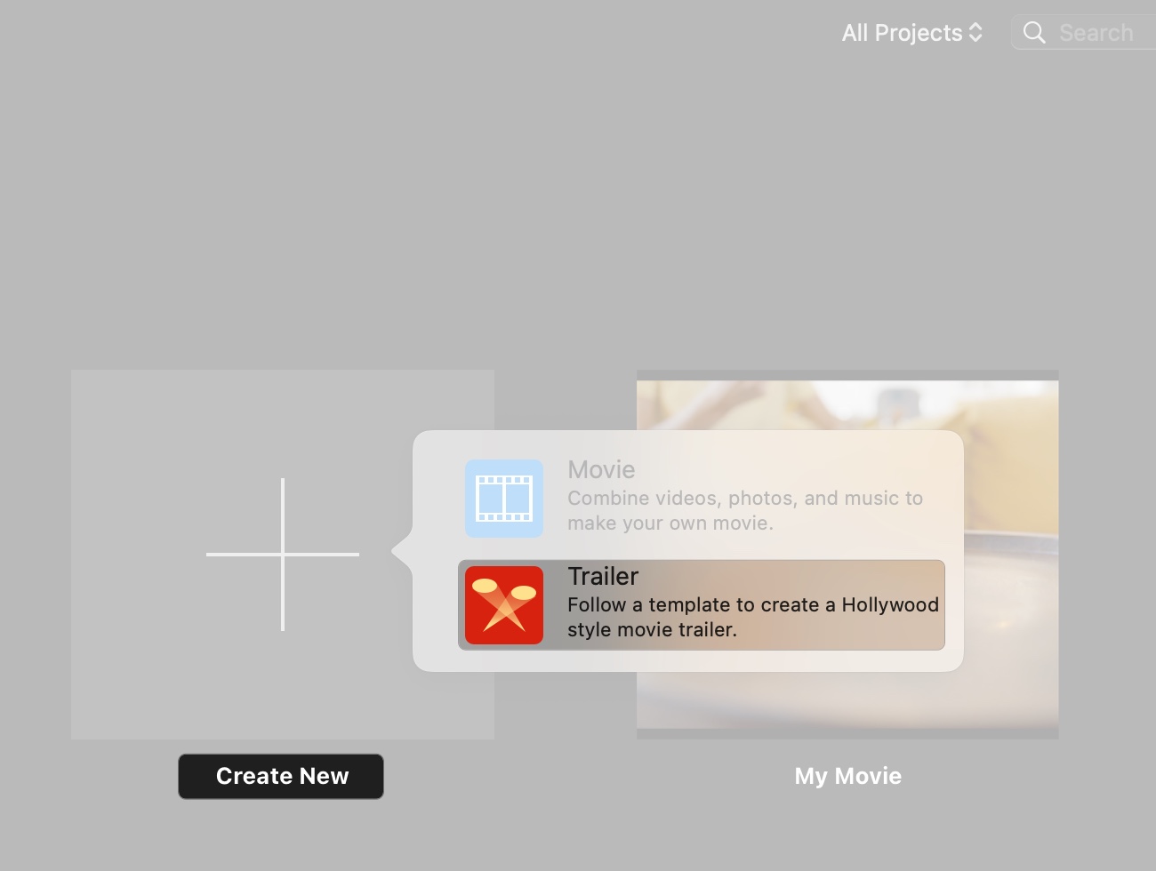 Access iMovie and click create new then trailer on Mac