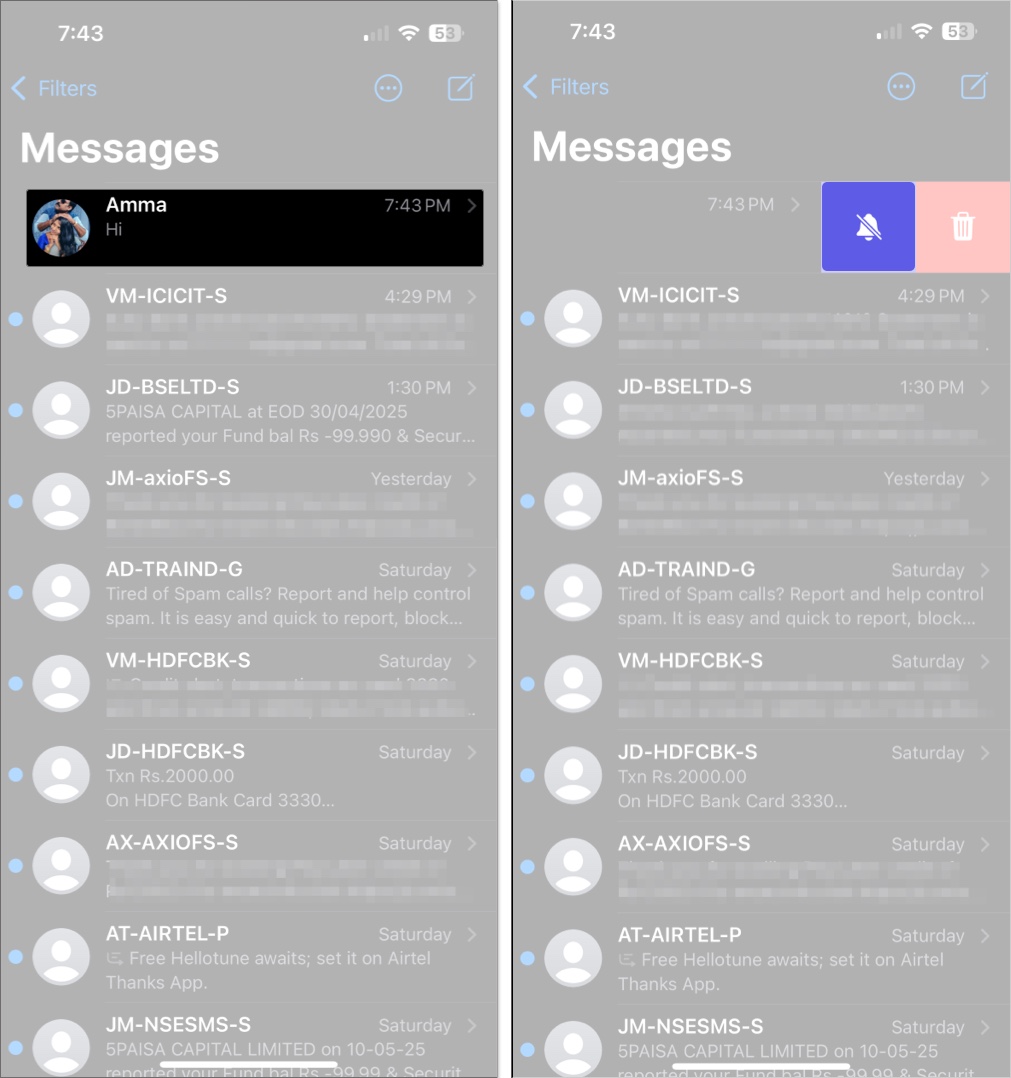 Access messages app and swipe left on conversation to hide alerts on iPhone