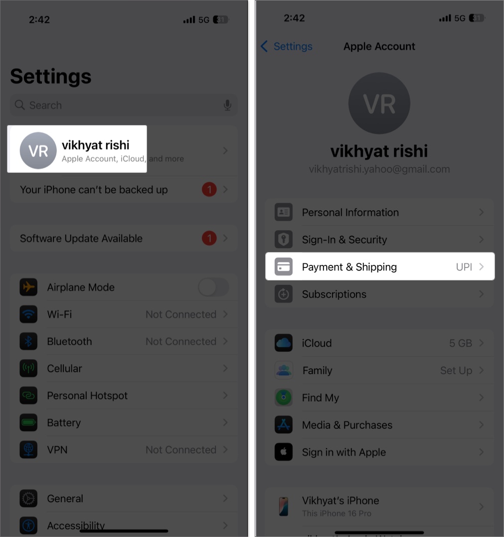 Apple Pay Keeps Asking to Update Shipping Contact? Here’s How to Fix It – Accessing the Apple Account settings page in the iOS Settings app.