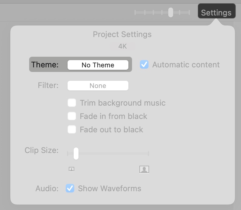 Access setting on iMovie and select no theme on Mac