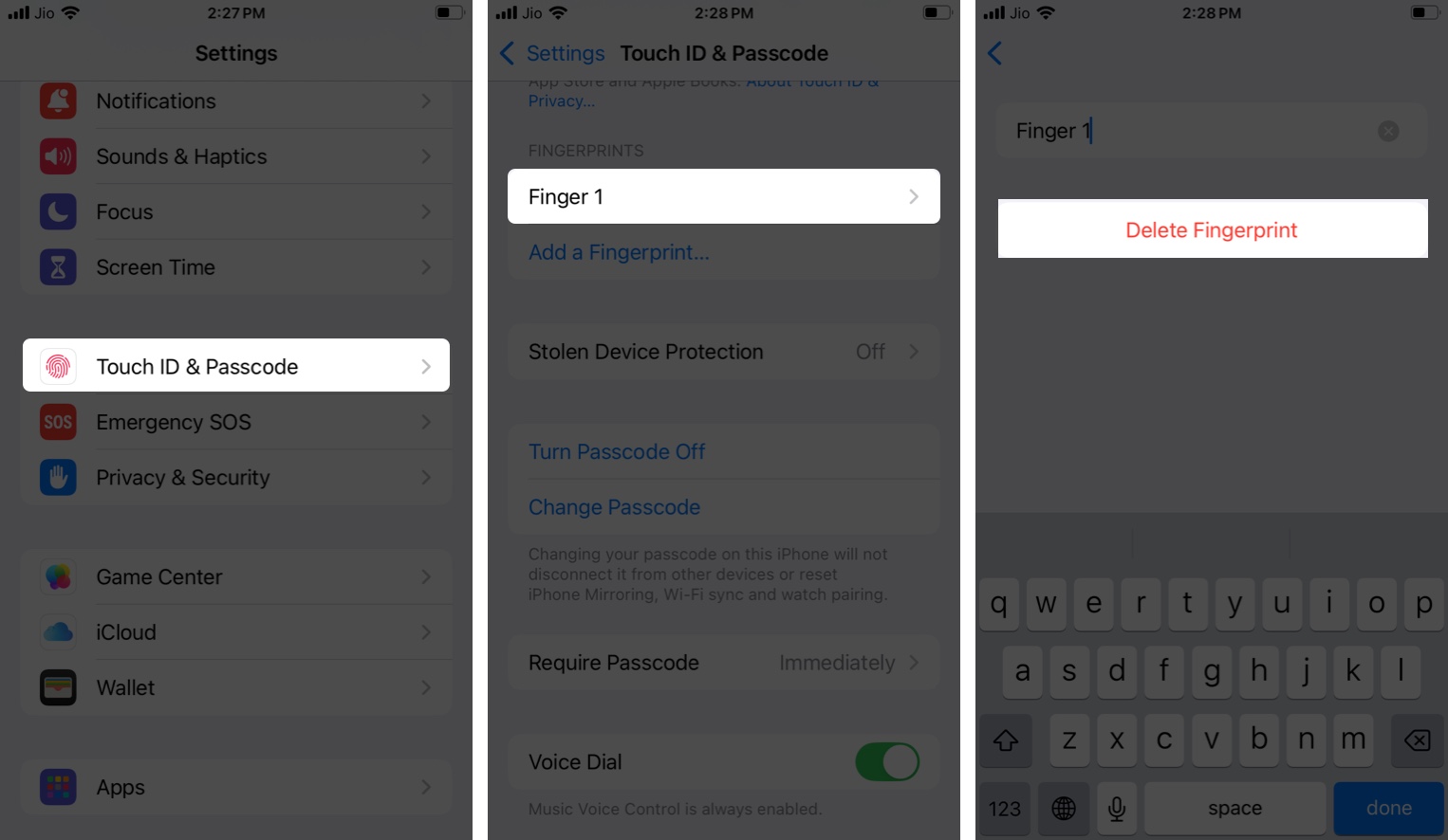 Deleting a fingerprint under Touch ID settings on an iPhone.