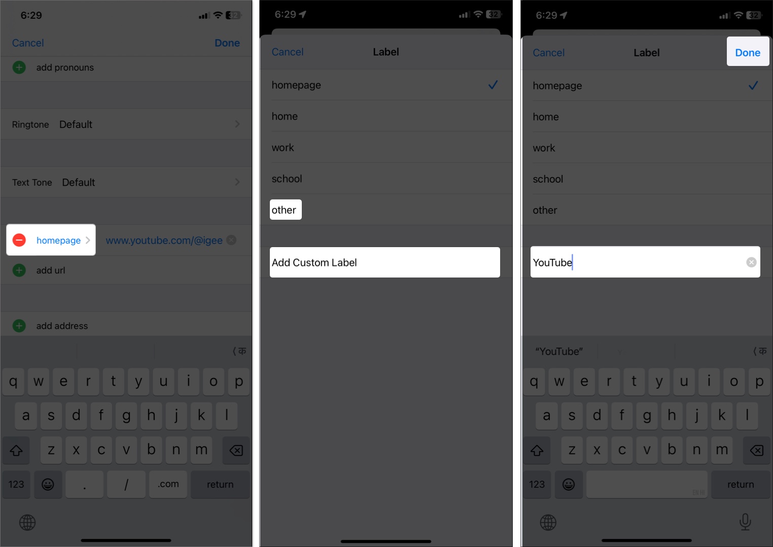 Add custom label for social profiles in iPhone contact