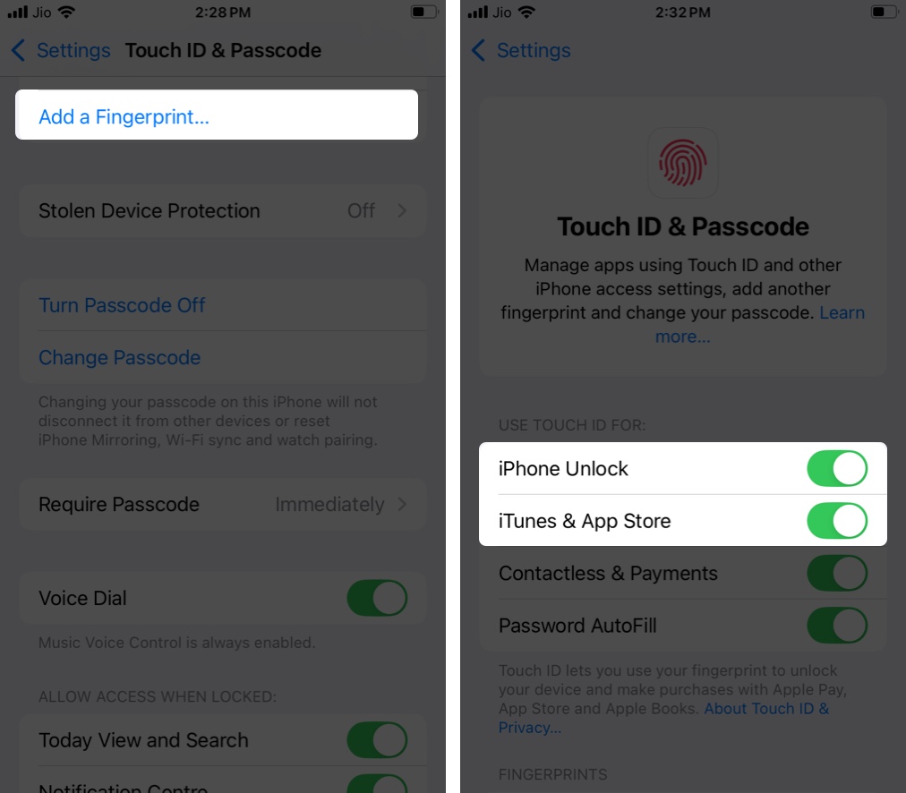 Adding a fingerprint for Touch ID and enabling iPhone Unlock and iTunes & App Store options.