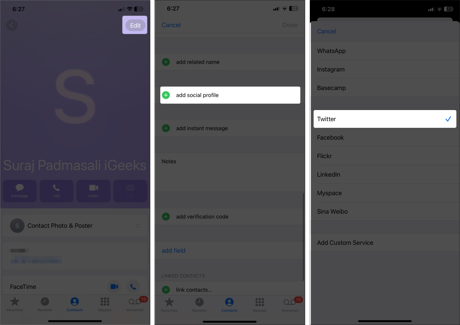 Add social profile to iPhone contact