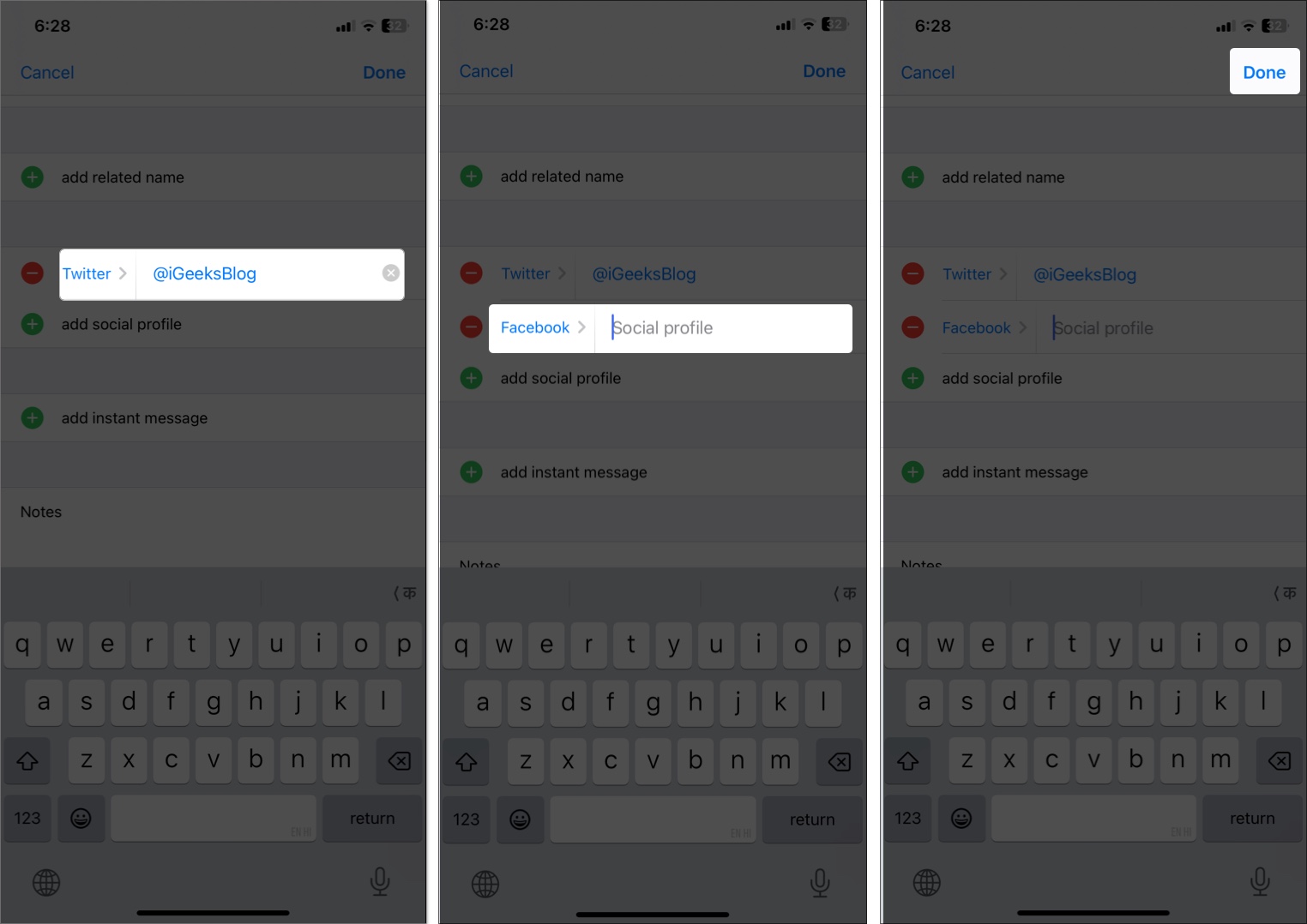 Add username for social profile in iPhone contact
