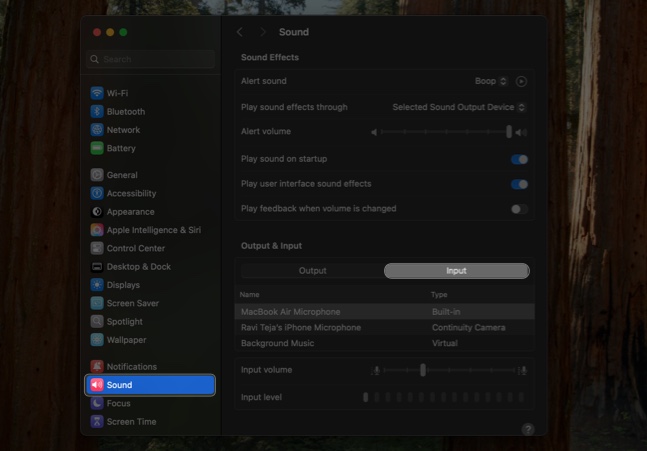 Sound settings in macOS System Settings app.