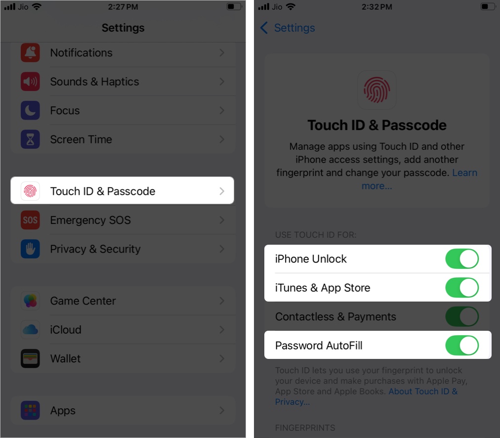 Enabling Touch ID for iPhone Unlock, iTunes & App Store, and Password AutoFill features.