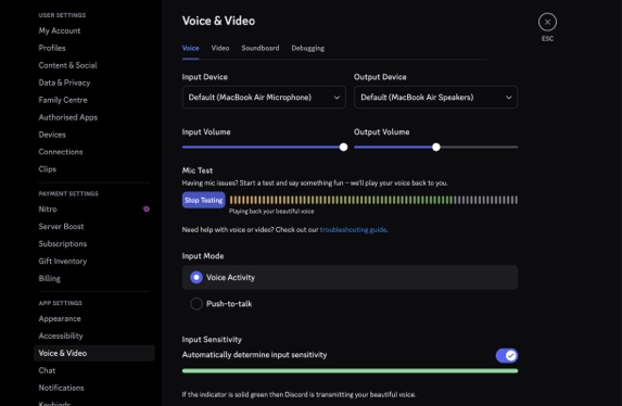 Checking an app's internal audio settings on a Mac.