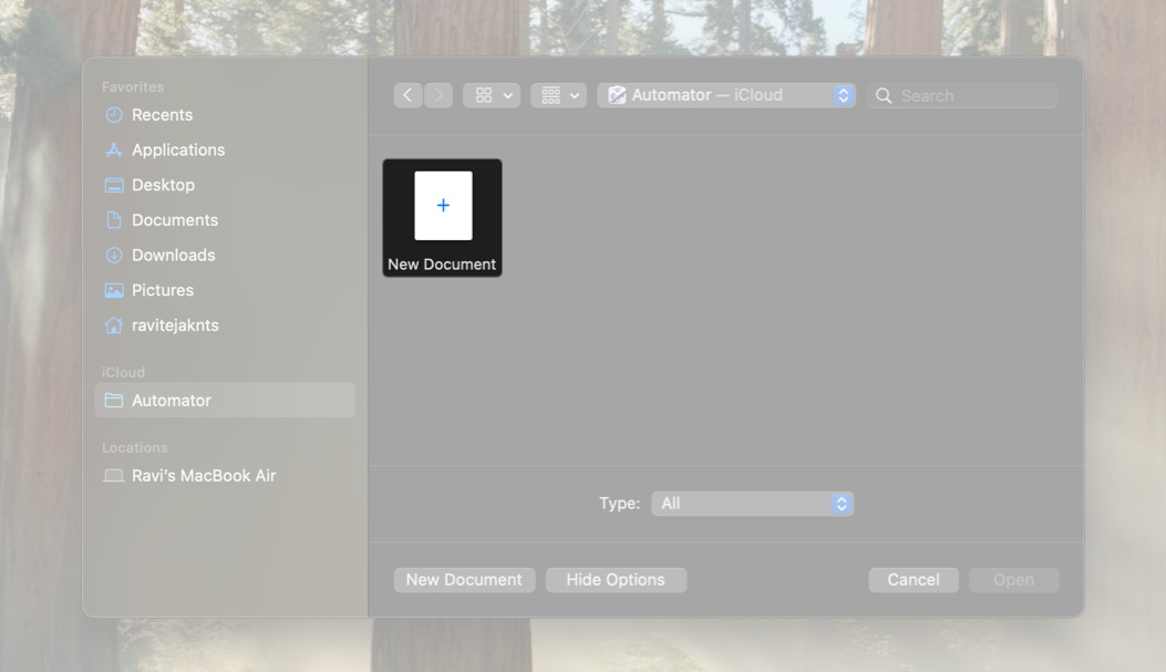 Creating a new document in the Automator app on a Mac.