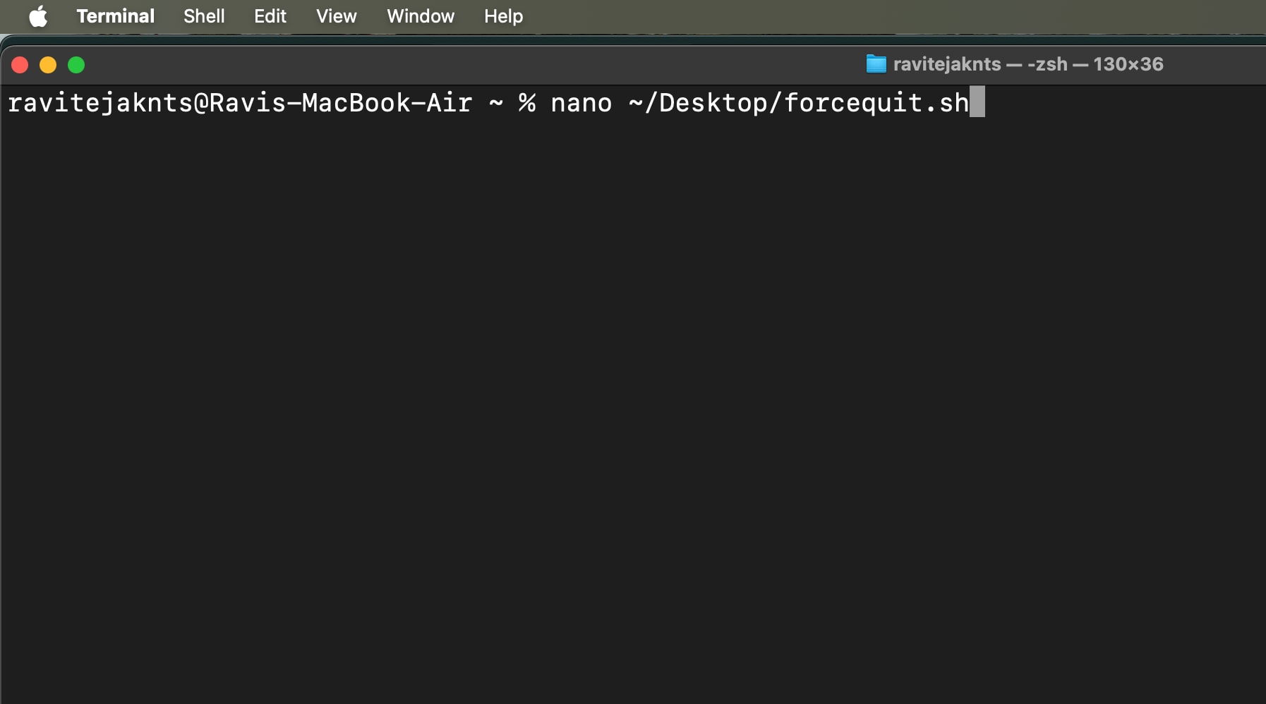 Entering a command in the macOS Terminal app to edit the forcequit.sh file.