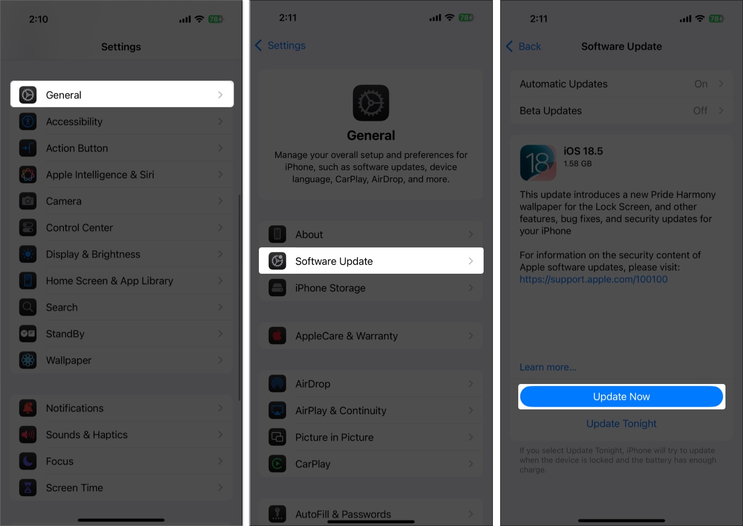 Check software update in iphone setting