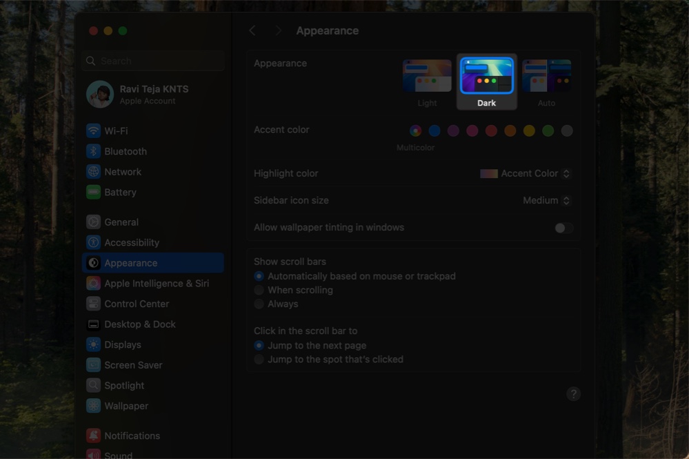 Choosing the Dark appearance in System Settings on a Mac.