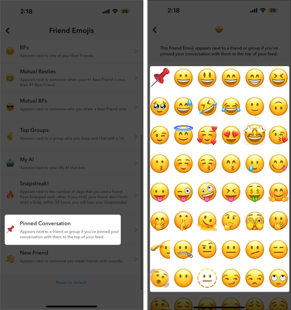 Selecting a new emoji to use instead of the pin emoji on Snapchat.