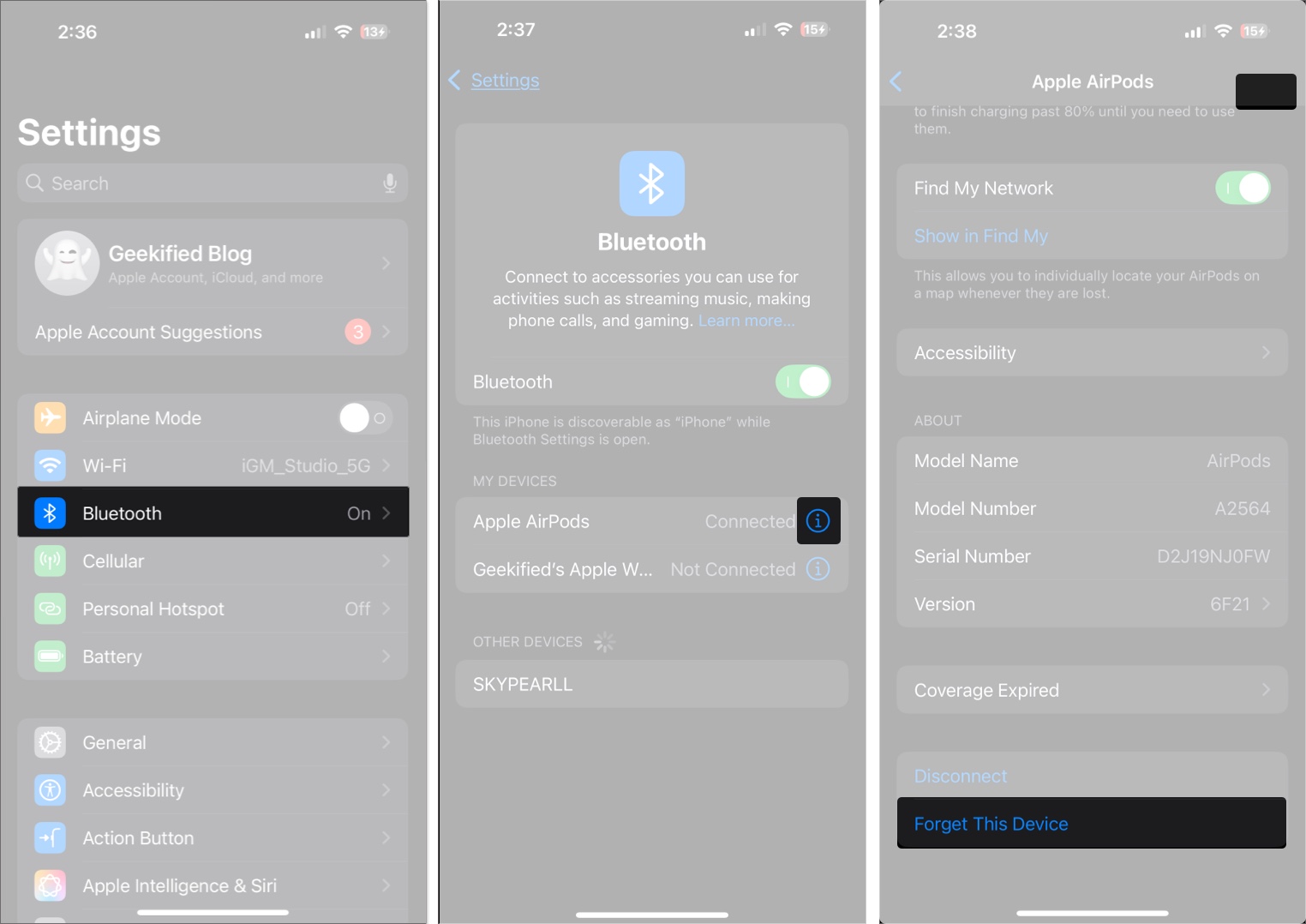 Unpairing and removing airpods from an iphone