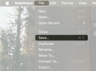 Accessing the Save option in Automator menu options to save the application.