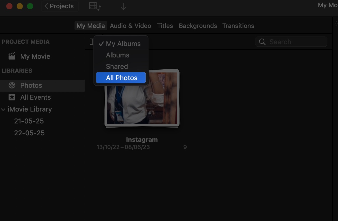 Click My Albums dropdown at top and and select all photos in iMovie on Mac