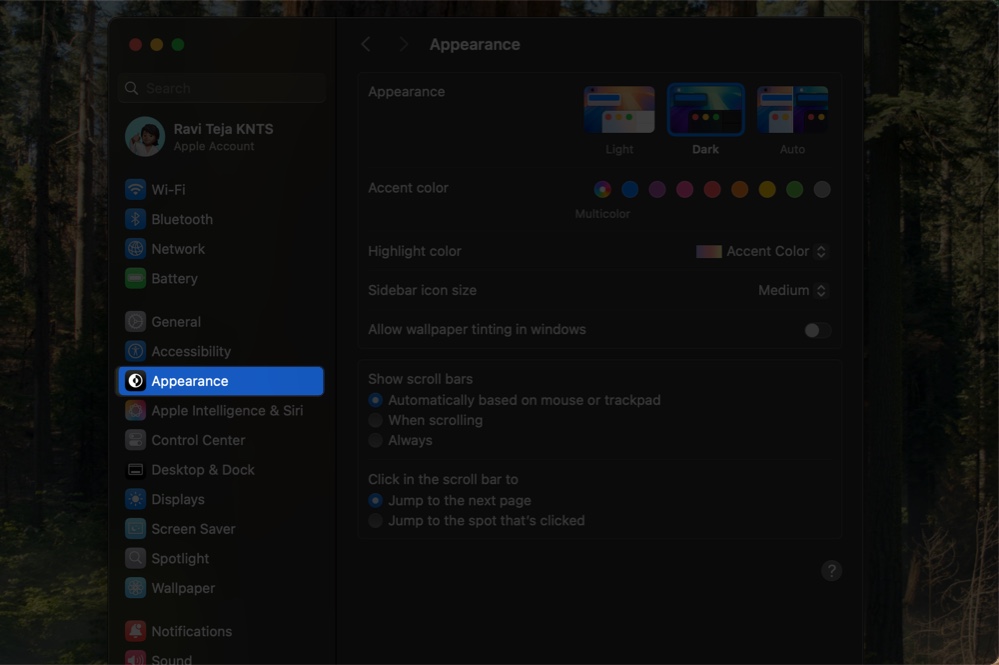 Accessing the Appearance options in macOS System Settings app.