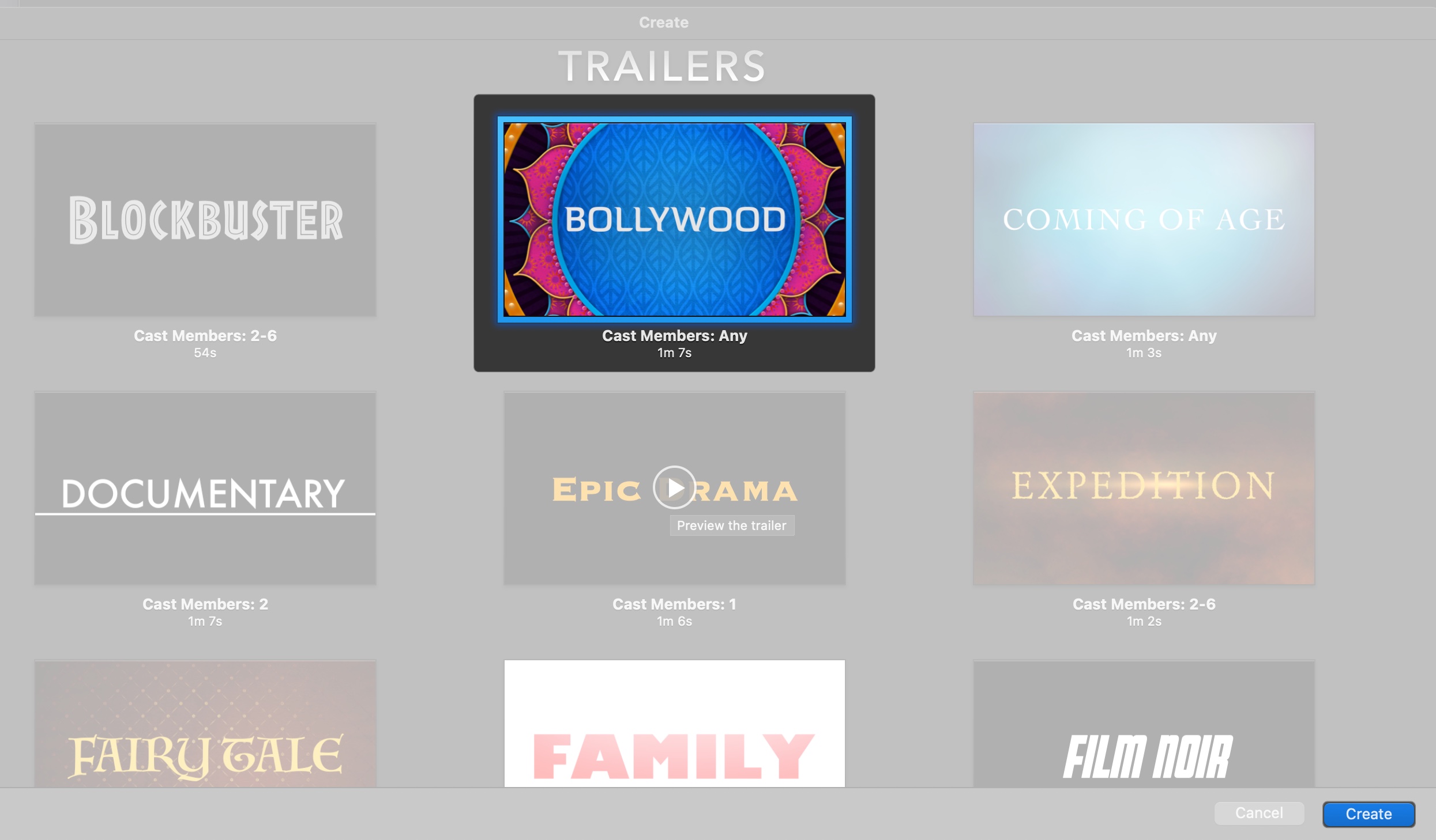 Click play button to preview then click create in iMovie on Mac