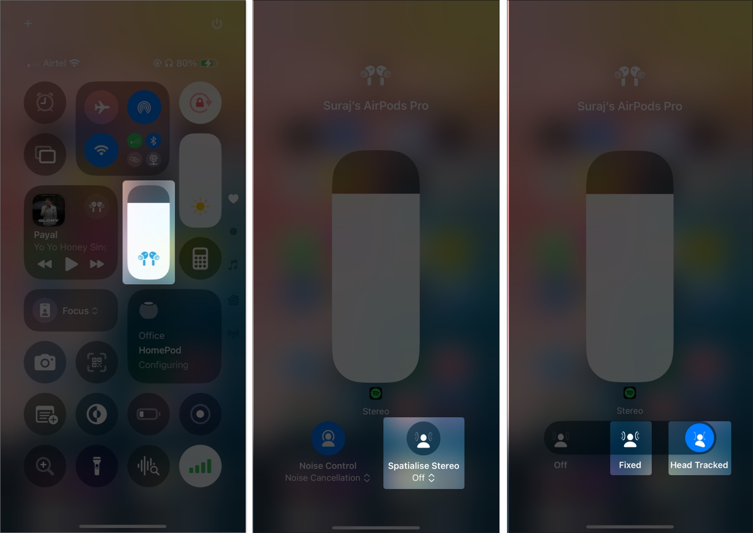 Changing Spatial Audio mode on an iPhone from the Control Center.