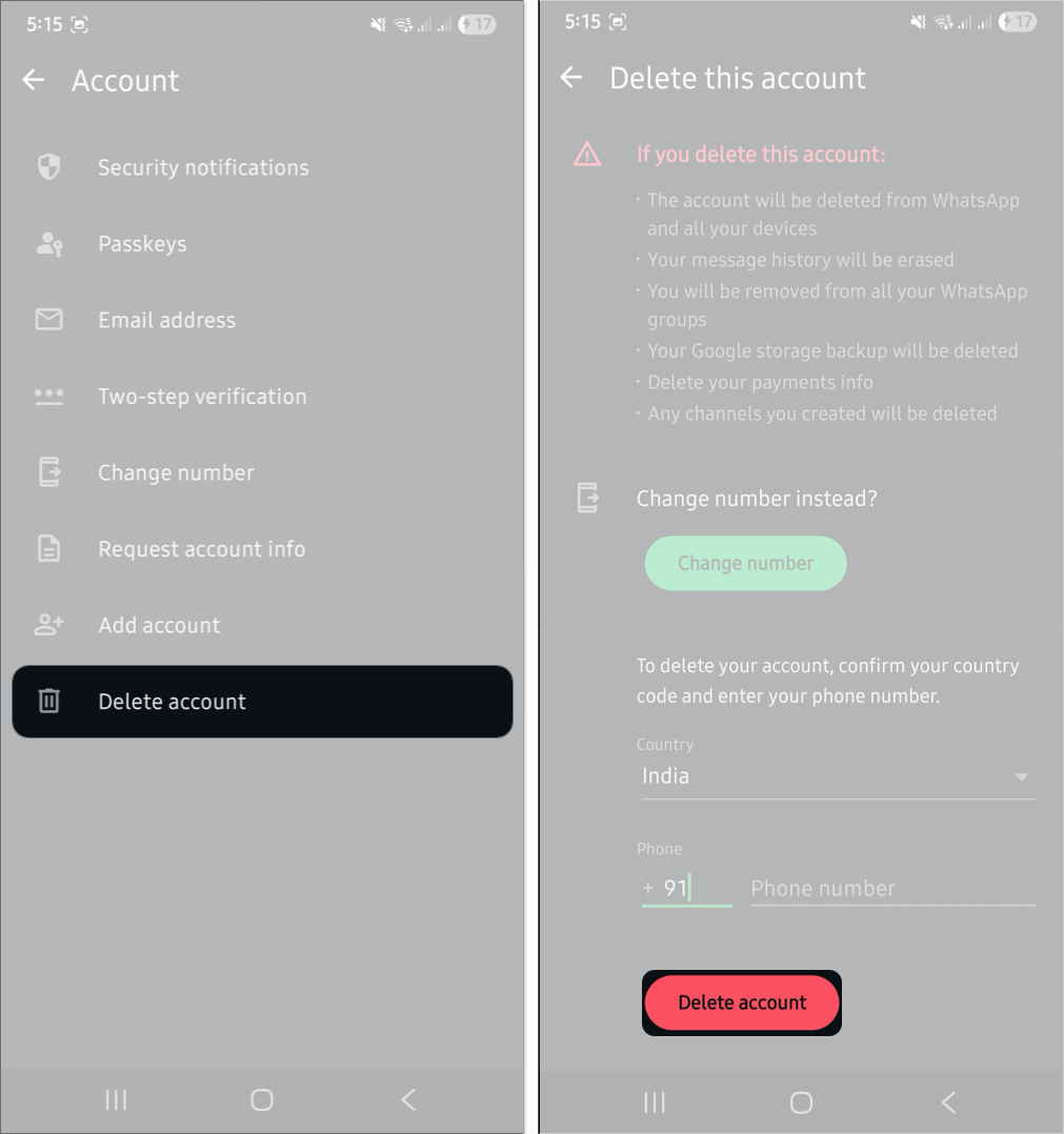Deleting a WhatsApp account on an Android phone.