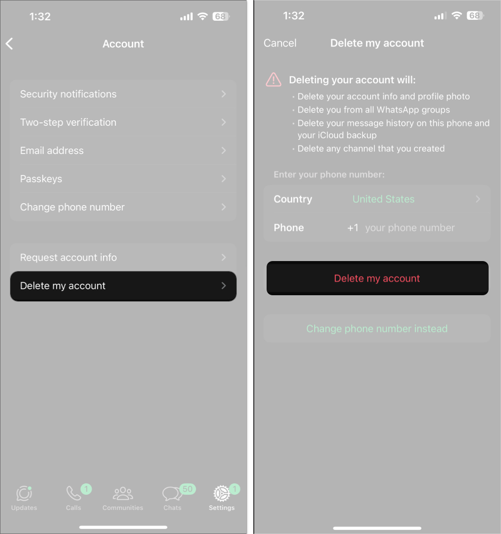 Deleting a WhatsApp account on an iPhone.