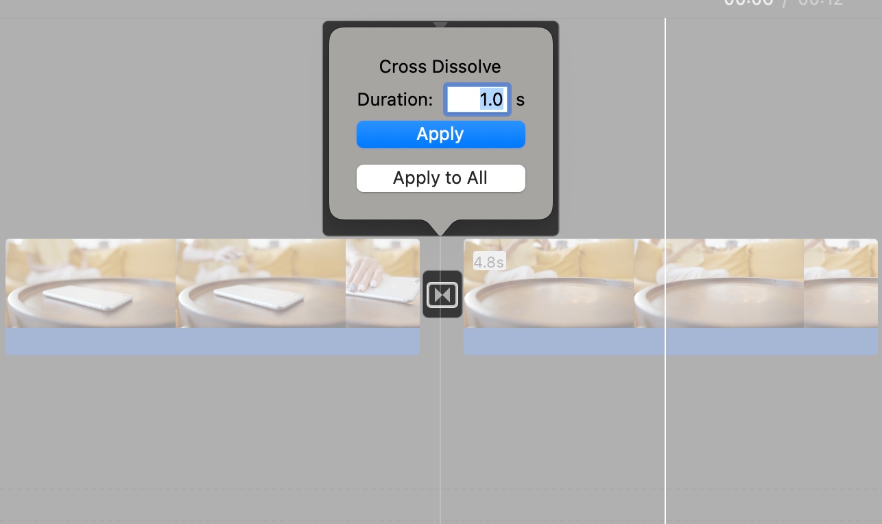 Double click transition to adjust duration on iMovie in Mac