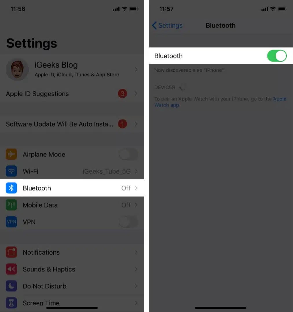 Enabling and accessing Bluetooth settings on an iPhone.