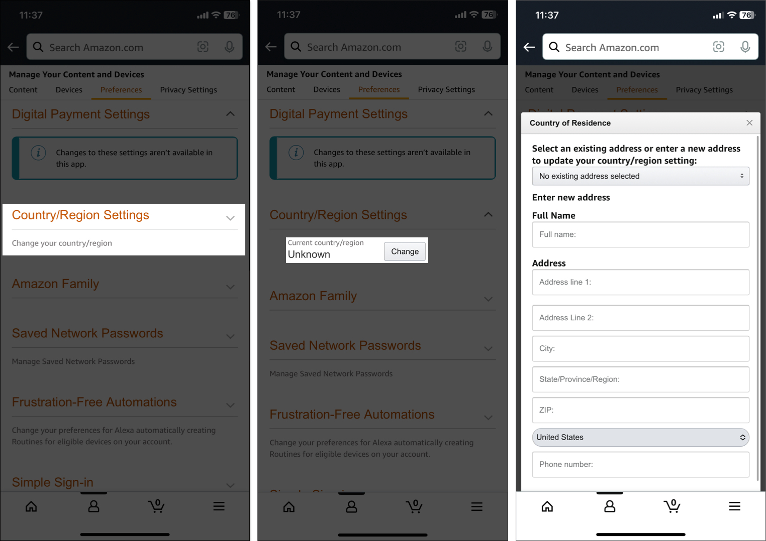 Enter new country and billing address in Amazon setting