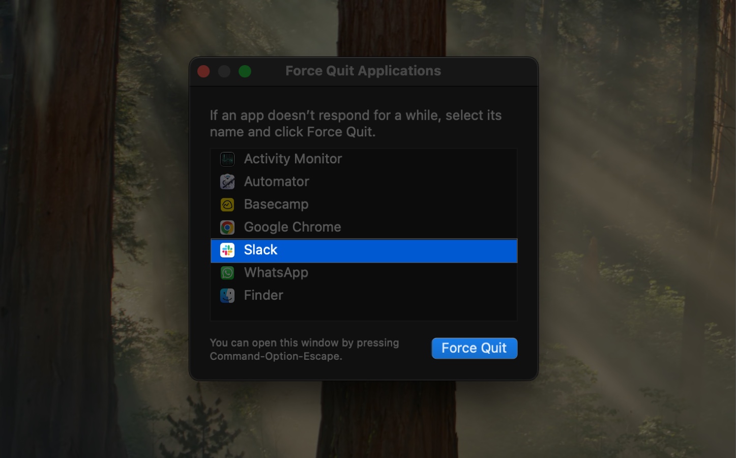 Force quitting the Slack app on a Mac from the Force Quit Applications window.