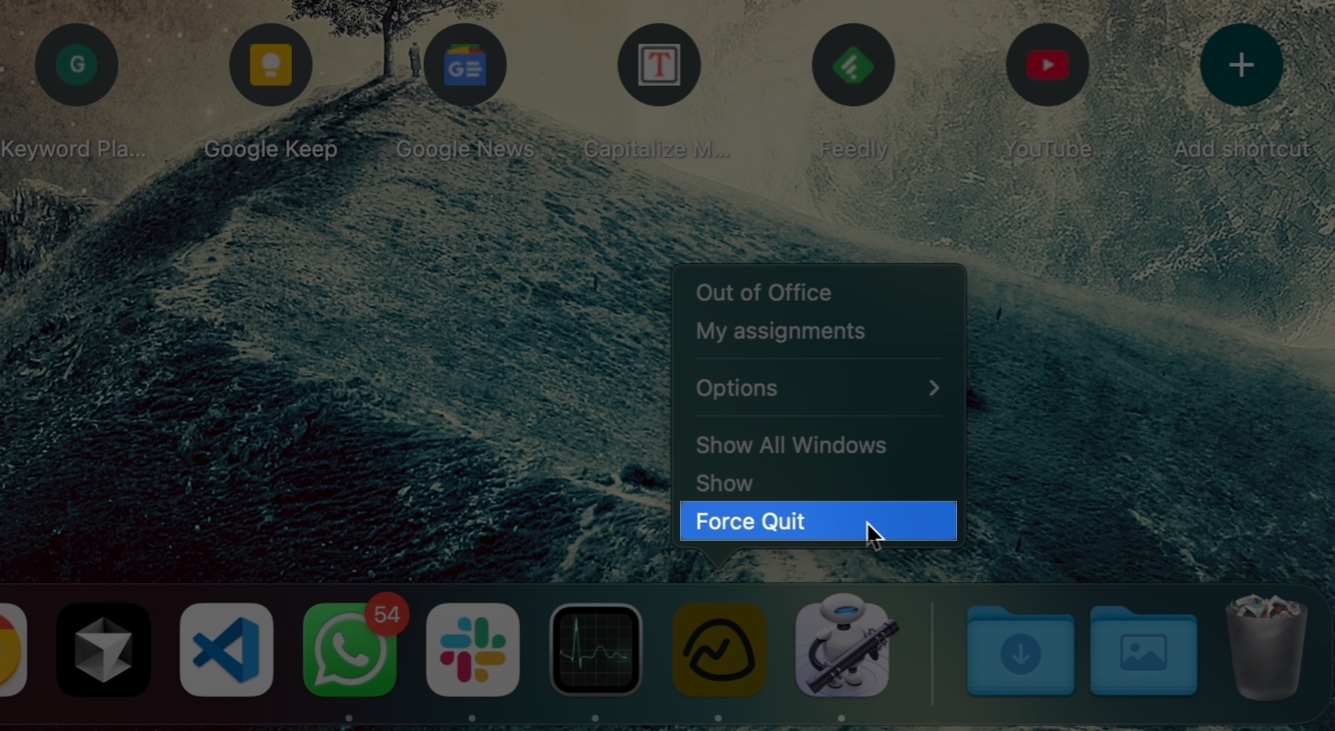 Force quitting the Basecamp app on a Mac from the Dock.