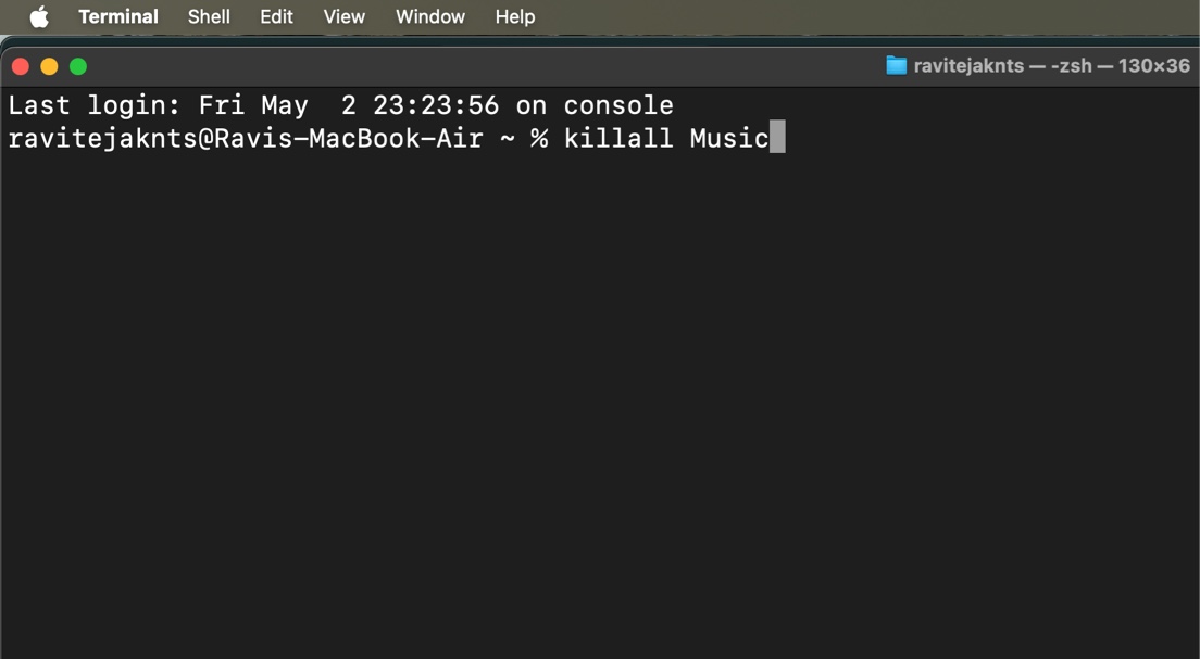 macOS Terminal app with a killall command to force quit the Apple Music app.