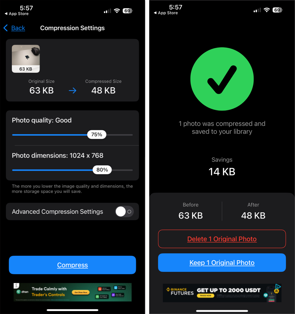 Get adjustable compression and option to keep original or delete original on the third party app
