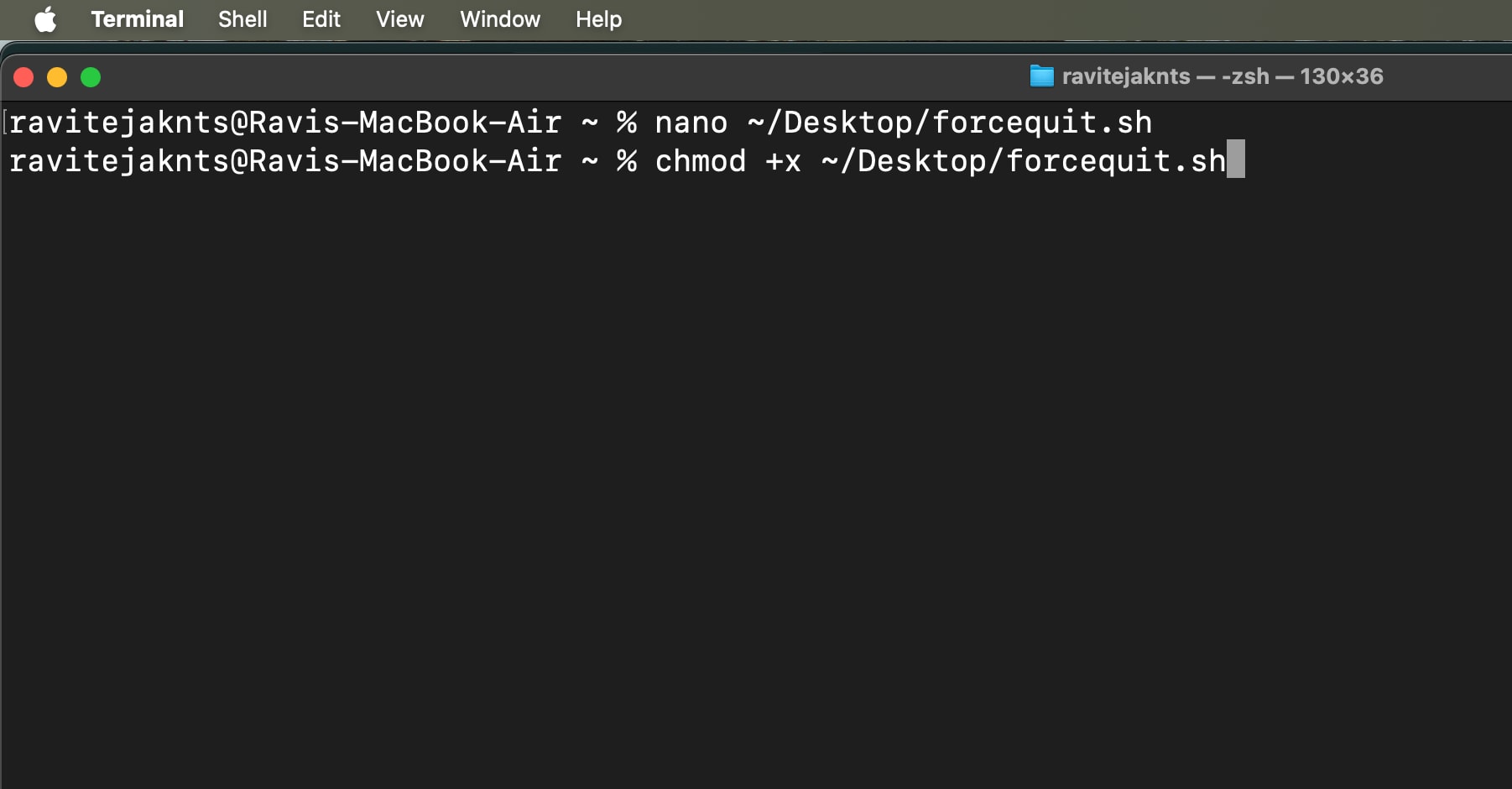 Using the chmod command to make the script to force quit apps on a Mac executable.